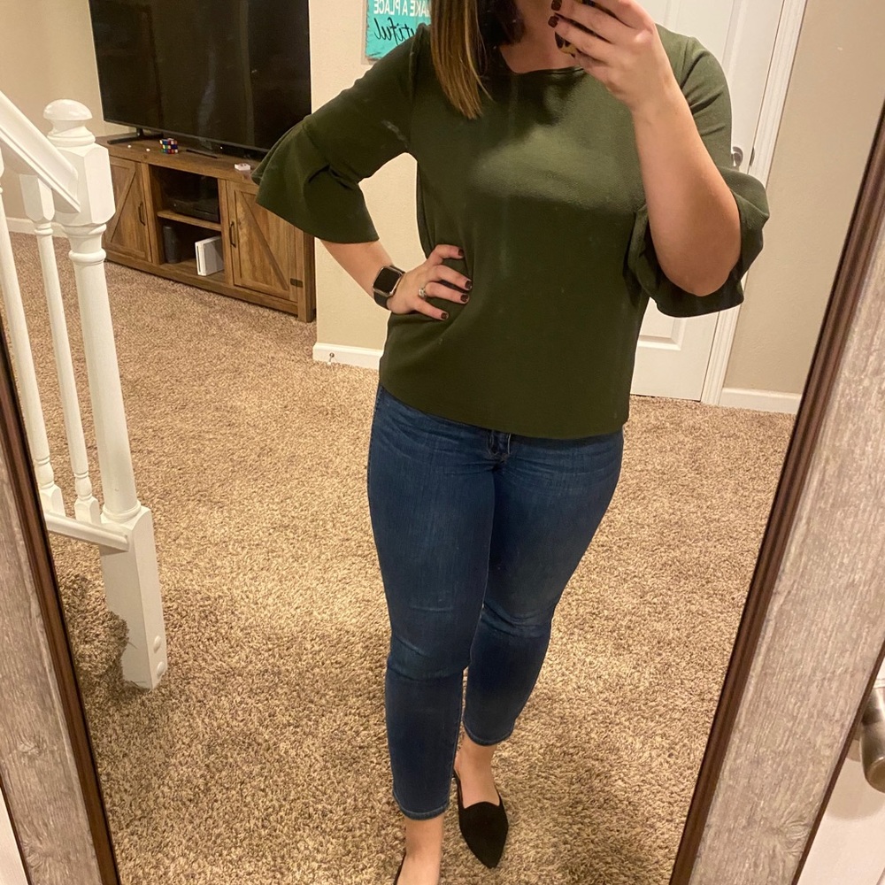 Green Envelope Bell Sleeve Blouse